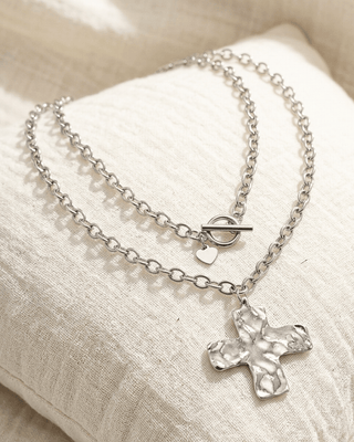 Faith Cable Chain Hammered Cross & Heart Charm Necklace-W