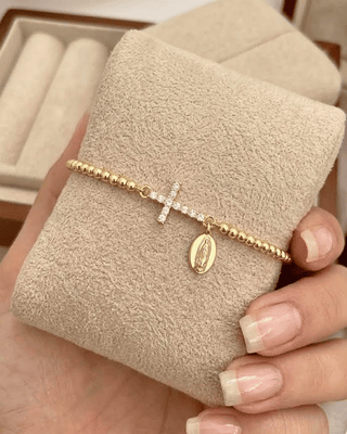 Zirconia Cross Virgin Mary Charm Gold Bead Adjustable Bracelet-W