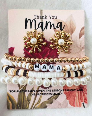 Mama Flower Pearl Earring & Stack Beads Bracelet Set Brown & White-W