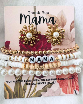 Mama Flower Pearl Earring & Stack Beads Bracelet Set Peach & White-W