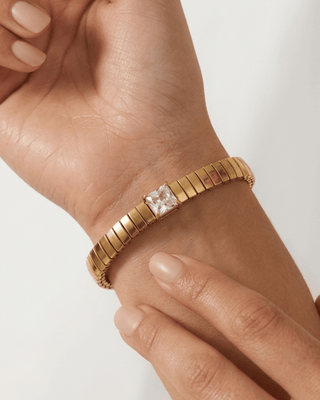 18K Gold Ribbed Zircon Bracelet & Hoop Earring-W