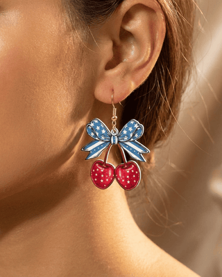Star & Stripes Cherry With Bow Dangle Earring-W