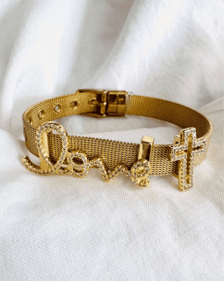 Faith Crystal Studded Love & Cross Charm Gold Bracelet-W