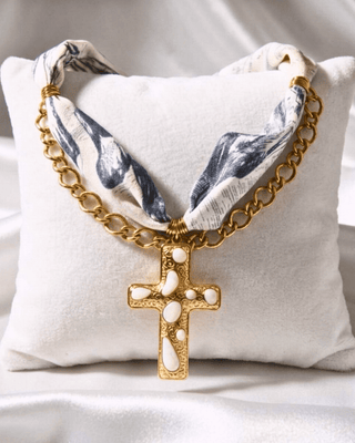 Faith Scarf Chain & Gold Enamel Cross Necklace White & Grey-W