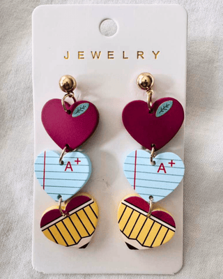 Teacher Acrylic Triple Heart Dangle Earring-W