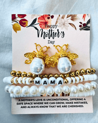 Mama Pearl Bee Stud & Stackable Beads Bracelet Set-W