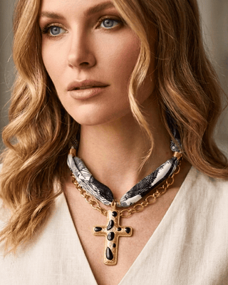 Faith Scarf Chain & Gold Enamel Cross Necklace Black & White-W