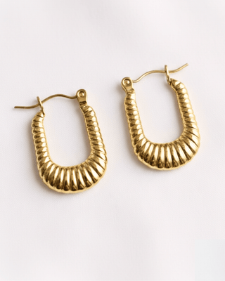 Gold Geometric Plated Ribbed Hoop Earrings-W RTS