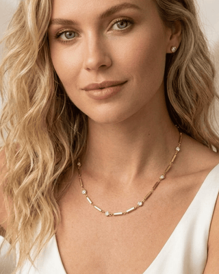 Zirconia Stone Sleek Chain Necklaces With Bracelet & Earring-W