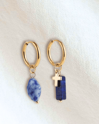 Scarf Chain Hammered Cross Necklace & Earring Set Blue-W
