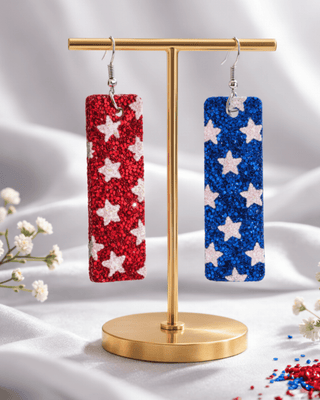 Patriotic Rectangular Sparkle Stars Earring Red & Blue-W