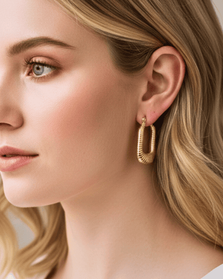 Gold Geometric Plated Ribbed Hoop Earrings-W RTS