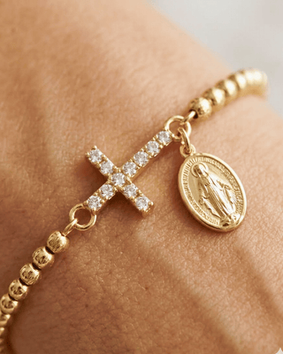 Zirconia Cross Virgin Mary Charm Gold Bead Adjustable Bracelet-W