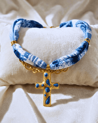 Faith Scarf Chain & Gold Enamel Cross Necklace Blue-W