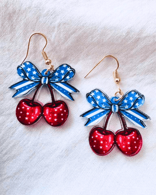 Star & Stripes Cherry With Bow Dangle Earring-W