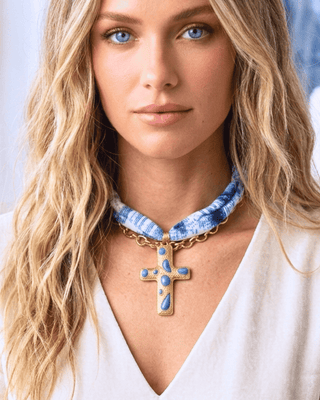 Faith Scarf Chain & Gold Enamel Cross Necklace Blue-W