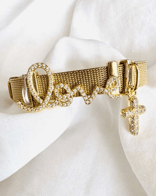 Faith Crystal Studded Love & Cross Drop Charm Gold Bracelet-W