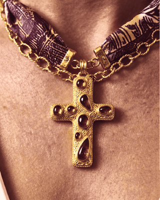 Faith Scarf Chain & Gold Enamel Cross Necklace Wine-W