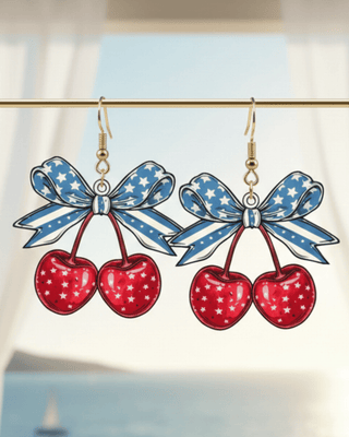 Star & Stripes Cherry With Bow Dangle Earring-W