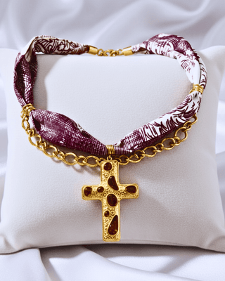 Faith Scarf Chain & Gold Enamel Cross Necklace Wine-W