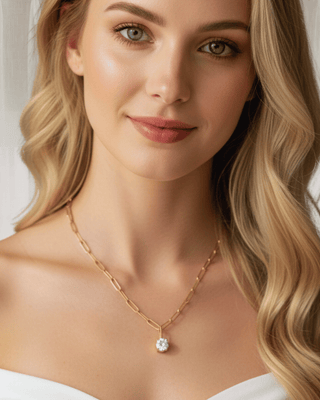 Zirconia Stone Gold Paperclip Necklace & Hoop Earring-W