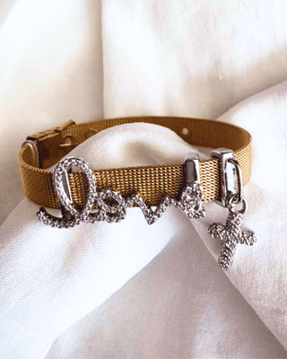 Faith Crystal Studded Love & Cross Charm Duo Toned Bracelet-W
