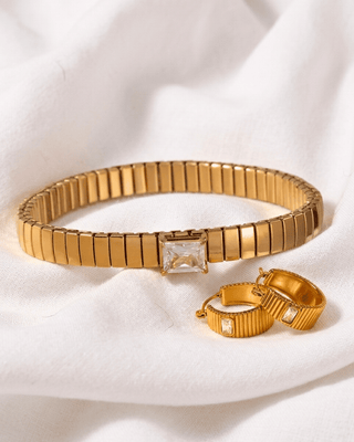18K Gold Ribbed Zircon Bracelet & Hoop Earring-W