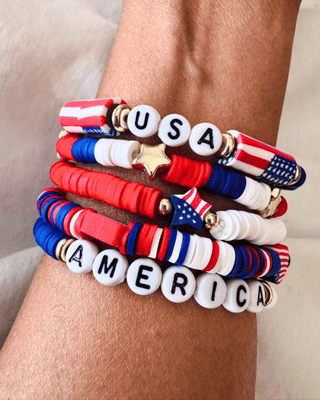 Pre-order Patriotic 5 Piece Stack Polymer Clay Beaded Bracelet-W