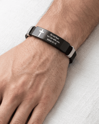 Faith Bible Verse Bracelet Set of 2 Steel & Black Silicone-W
