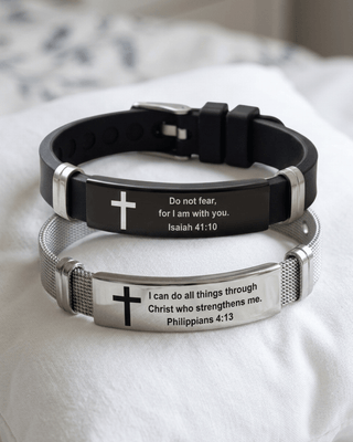 Faith Bible Verse Bracelet Set of 2 Steel & Black Silicone-W