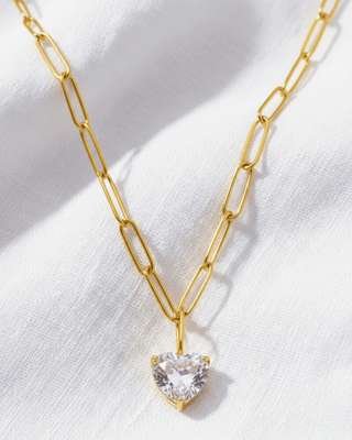 Pre-Order Zirconia Heart Pendant Paperclip Gold Necklace-W
