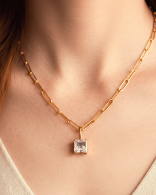 Zirconia Geometric Pendant Paperclip Gold Necklace-W