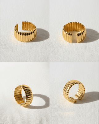 Gold Ribbed Pattern Adjustable Cuff Ring-W