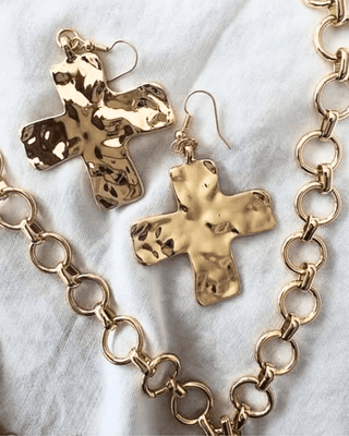 Gold Hammered Cross Chunky Necklace Bracelet & Earring Set-W