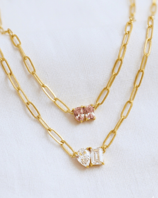 Irregular Zirconia Gold Paperclip Necklace Pink/White-W RTS