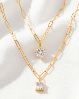 Zirconia Geometric Pendant Paperclip Gold Necklace-W