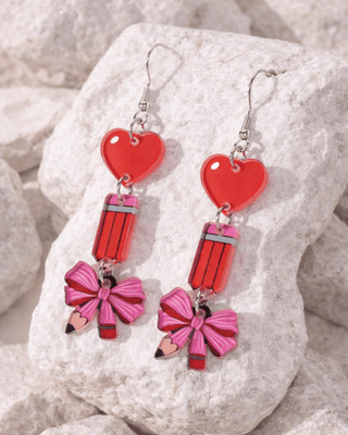 Teacher Heart Eraser with Pencil Bow Red Dangle Earring-W