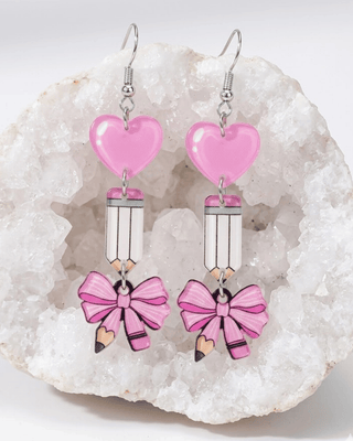 Teacher Heart Eraser with Pencil Bow Pink Dangle Earring-W