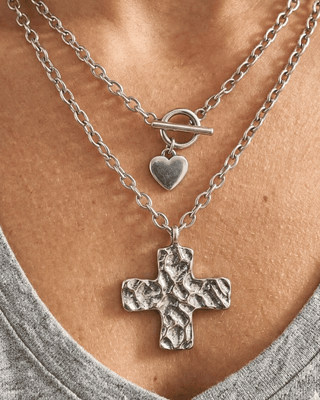 Faith Cable Chain Hammered Cross & Heart Charm Necklace-W