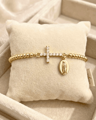 Zirconia Cross Virgin Mary Charm Gold Bead Adjustable Bracelet-W