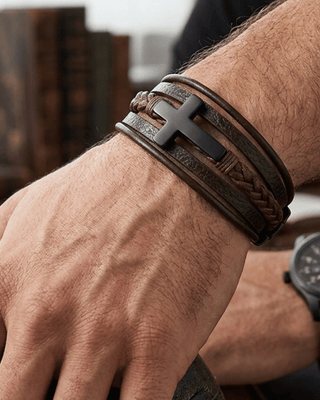 Men's Big Cross Braided Leather Bracelet-W RTS
