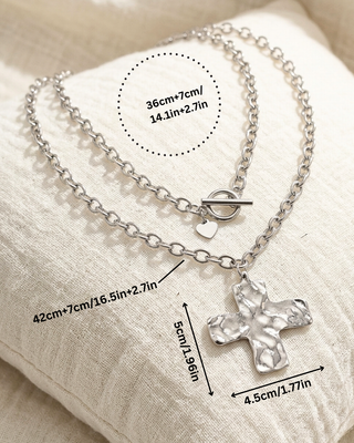 Faith Cable Chain Hammered Cross & Heart Charm Necklace-W
