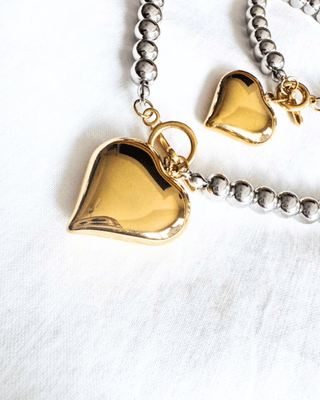 Silver Beaded Gold Charm Necklace & Bracelet Set-W