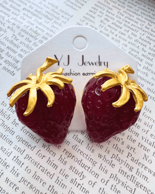 Spring Strawberry Stud With Gold Leaf Earring-W
