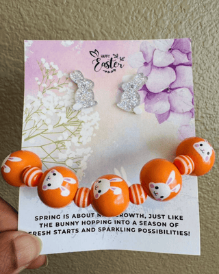 Easter Bunny Stud & Printed Wooden Bracelet Set White-W