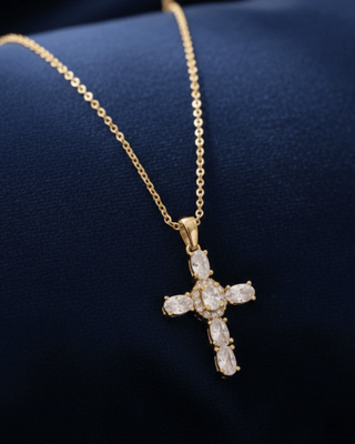 Zirconia Cross Pendant Golden Necklace-W