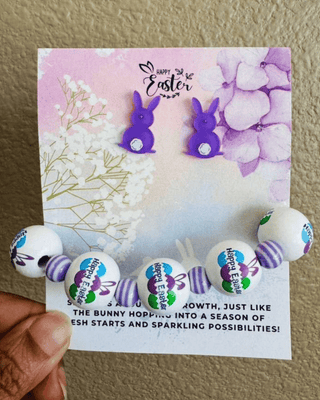 Easter Bunny Stud & Wooden Beaded Bracelet Set Purple-W
