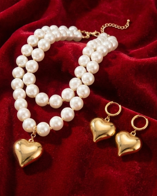 Double Layered Pearl Necklace with Heart Charm & Heart Earrings-W