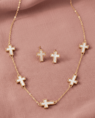 Faith Cross Chain Necklace & Earring Set White-W