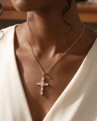 Zirconia Cross Pendant Golden Necklace-W